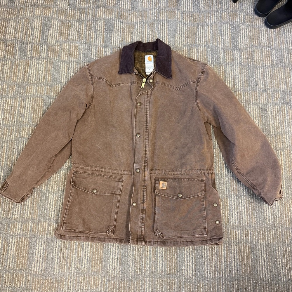 Carhartt brown canvas chore coat with corduroy collar